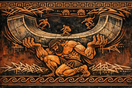 Atlas Halfpipe — Ancient Greek red-figure vase painting × skate and graffiti graphics