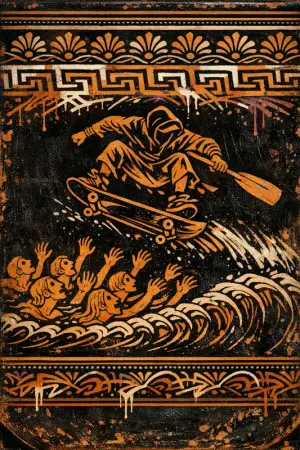 The Ferryman Ollie — Ancient Greek red-figure vase painting × skate and graffiti graphics