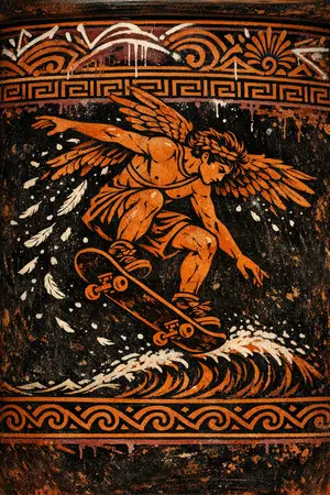 Icarus Drop-In — Ancient Greek red-figure vase painting × skate and graffiti graphics