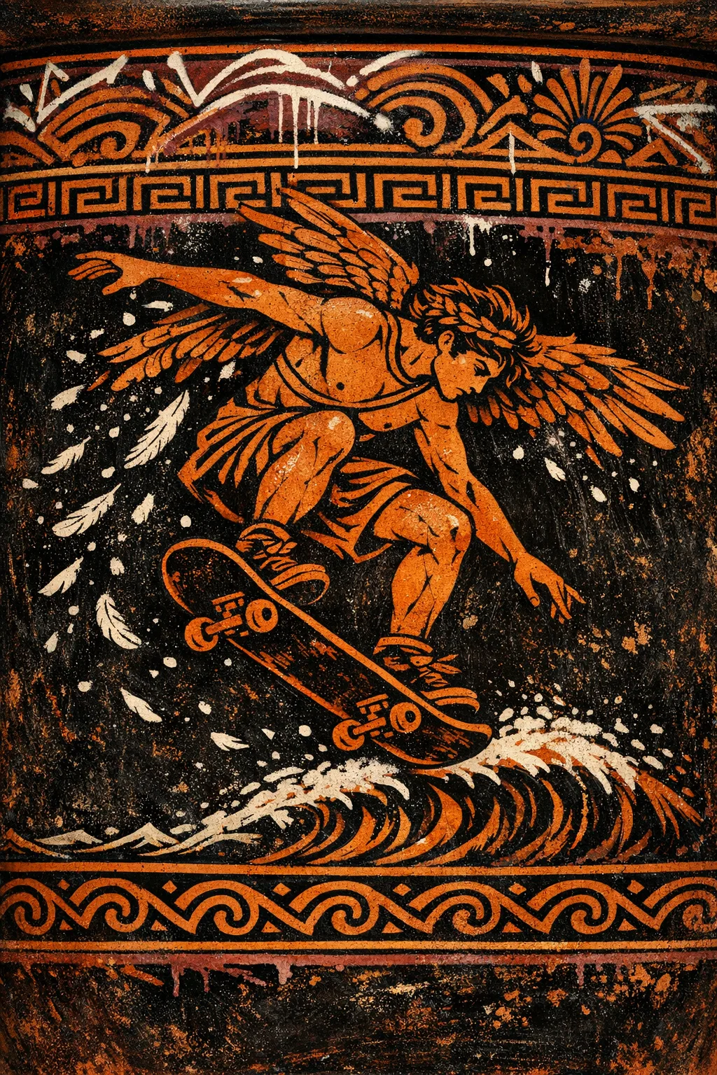 Icarus Drop-In — Ancient Greek red-figure vase painting × skate and graffiti graphics