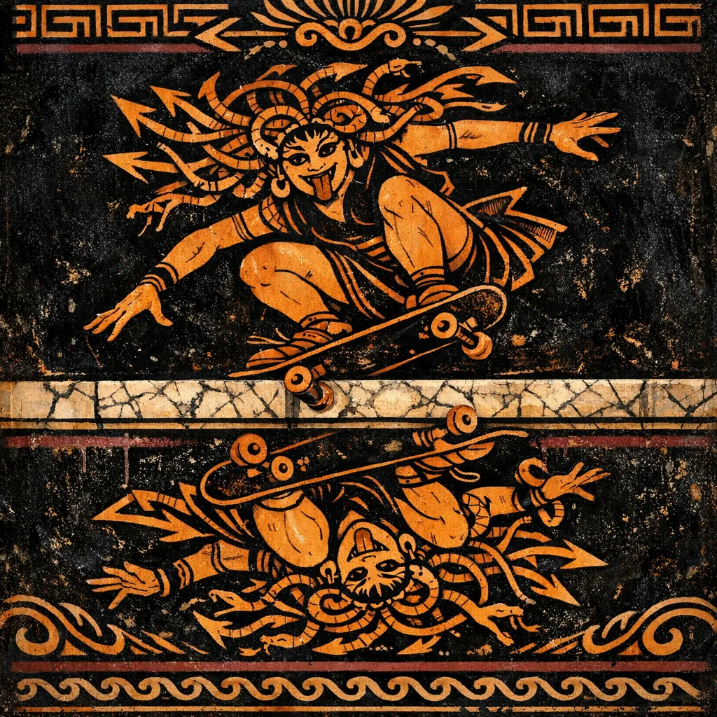 Medusa Grind — Ancient Greek red-figure vase painting × skate and graffiti graphics