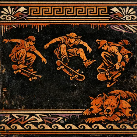 The Underworld Flatground — Ancient Greek red-figure vase painting × skate and graffiti graphics