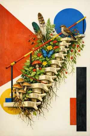 Staircase Spine — Bauhaus constructivism × unruly organic life