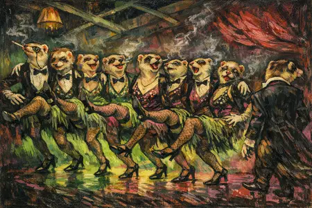 Ferret Chorus Line — Weimar expressionist portraiture × animal masquerade