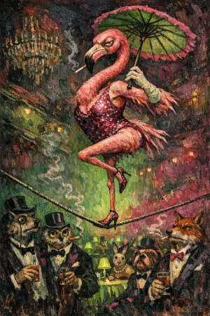 The Flamingo Tightrope — Weimar expressionist portraiture × animal masquerade