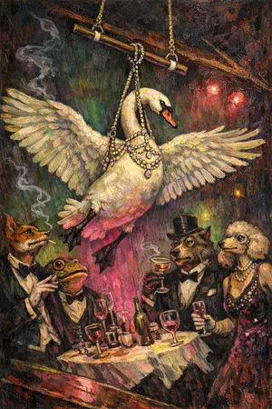 The Swan Trapeze — Weimar expressionist portraiture × animal masquerade