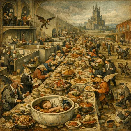 Gluttony of the Free Lunch — Bosch and Bruegel Northern Renaissance panel × modern office life