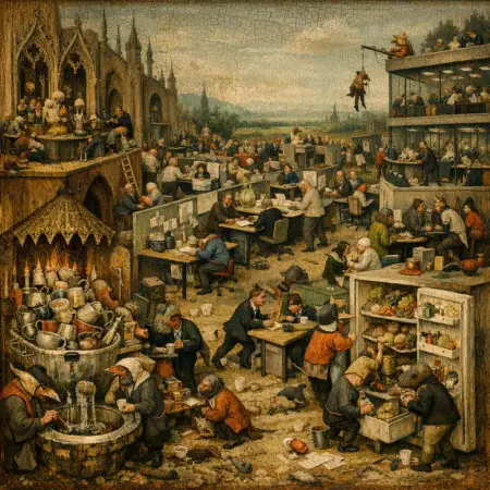 Kitchenette of Delights — Bosch and Bruegel Northern Renaissance panel × modern office life