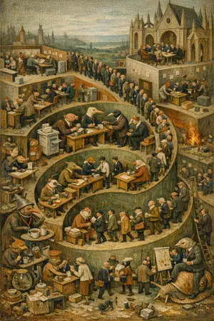 Onboarding of the Damned — Bosch and Bruegel Northern Renaissance panel × modern office life