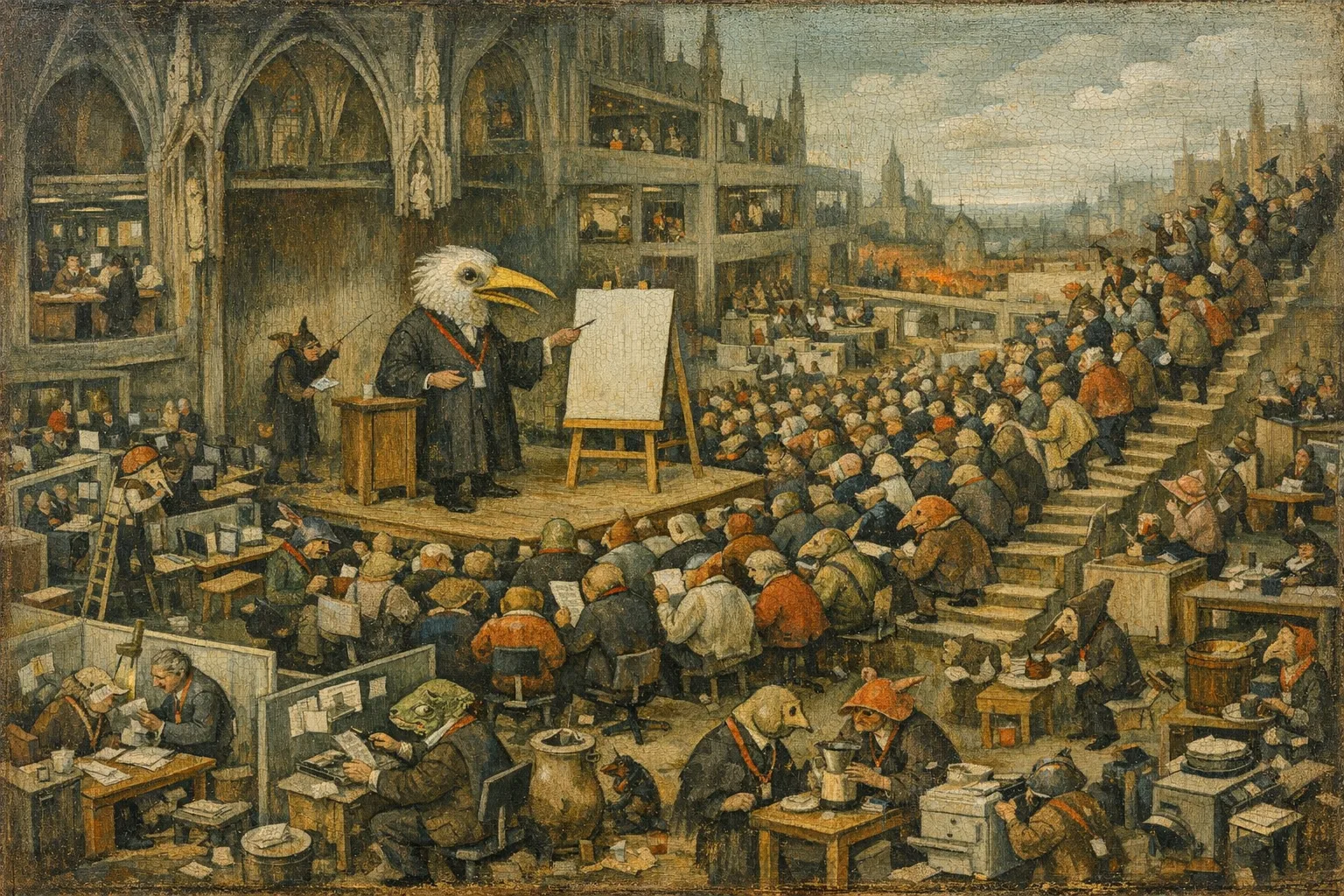 The All-Hands — Bosch and Bruegel Northern Renaissance panel × modern office life