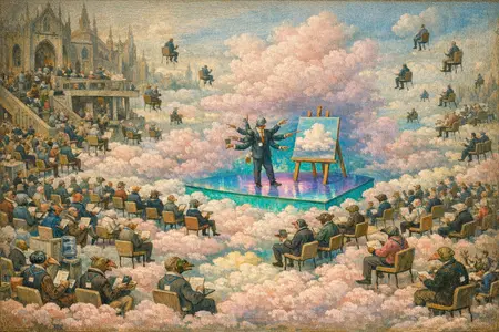 The All-Hands in the Clouds — Bosch and Bruegel Northern Renaissance panel × modern office life