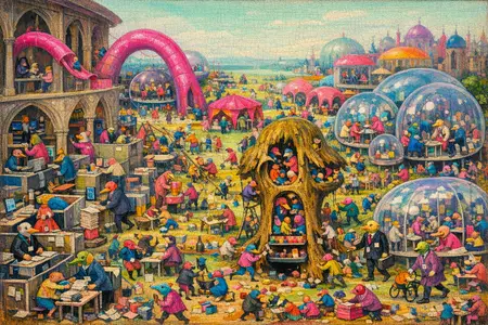 The Hackathon Garden — Bosch and Bruegel Northern Renaissance panel × modern office life