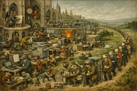 The Lanyard Procession — Bosch and Bruegel Northern Renaissance panel × modern office life