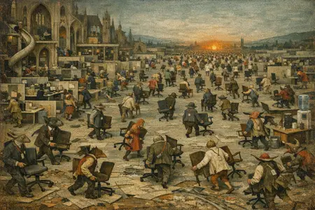 The Last Day of the Lease — Bosch and Bruegel Northern Renaissance panel × modern office life