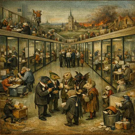 The Meeting That Has No Room — Bosch and Bruegel Northern Renaissance panel × modern office life