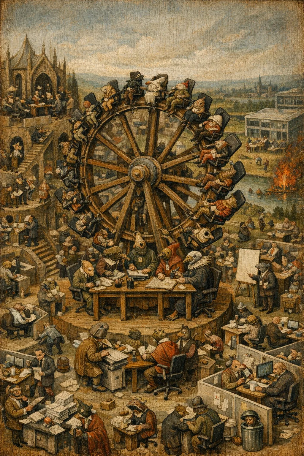 The Performance Review Wheel — Bosch and Bruegel Northern Renaissance panel × modern office life