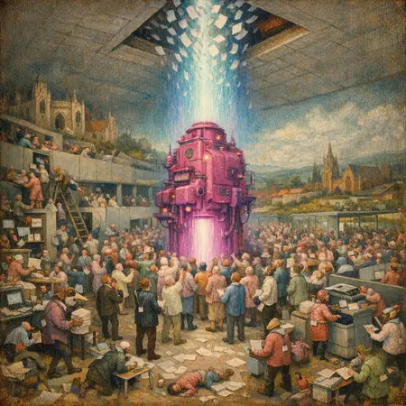 The Printer Apotheosis — Bosch and Bruegel Northern Renaissance panel × modern office life