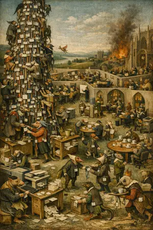 The Tower of Credentials — Bosch and Bruegel Northern Renaissance panel × modern office life