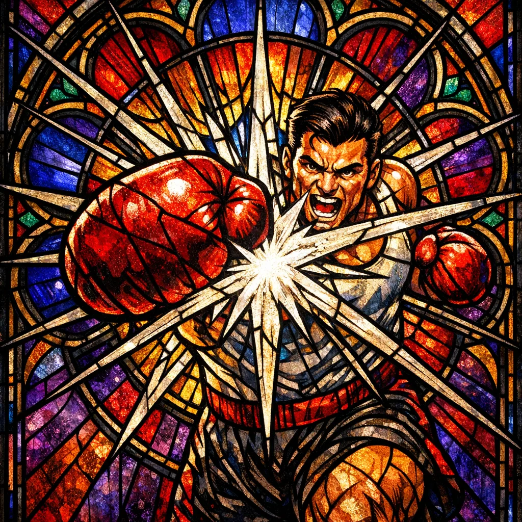 Lightning Boxer — Cathedral stained glass × golden-age pulp comics