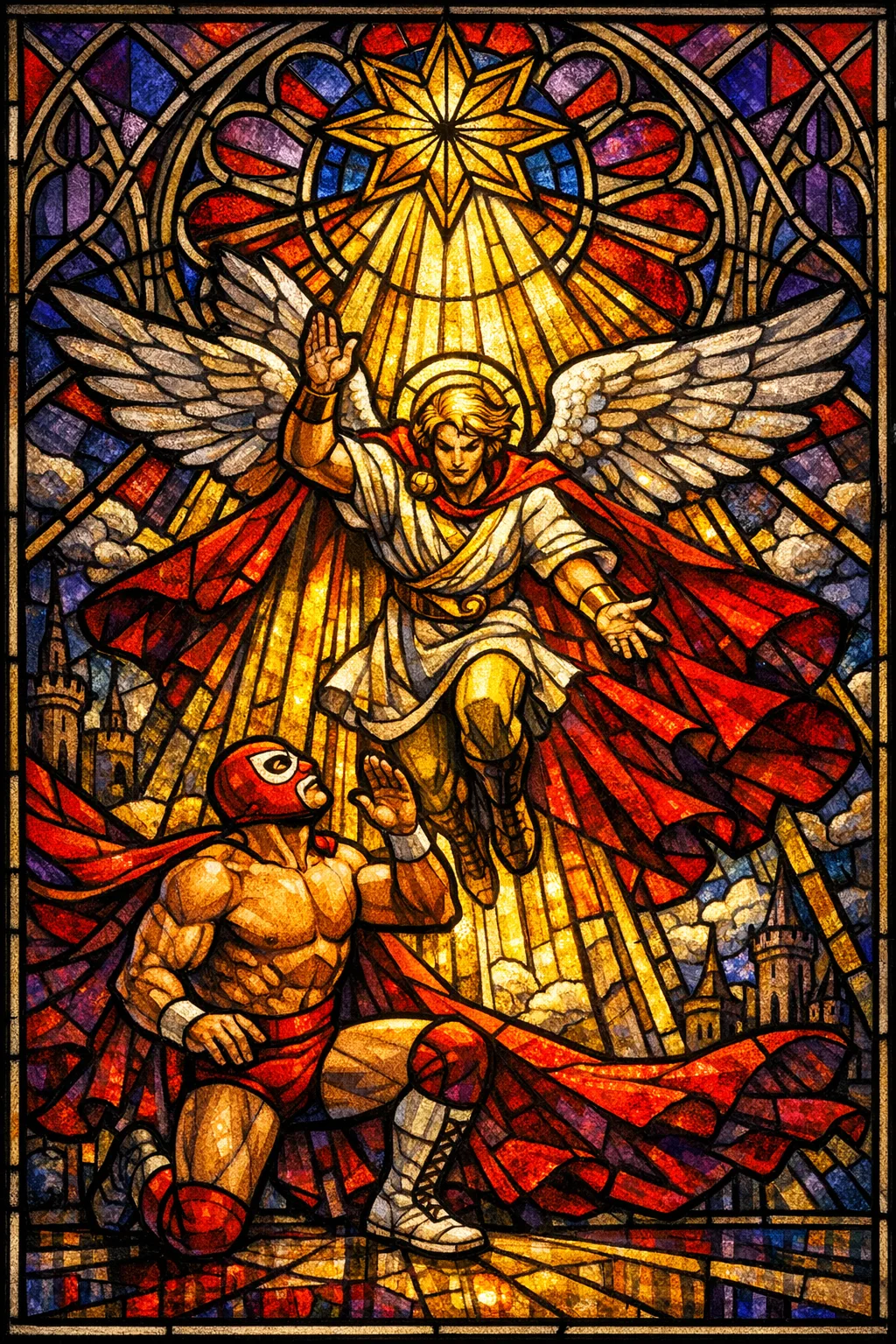 Luchador Annunciation — Cathedral stained glass × golden-age pulp comics