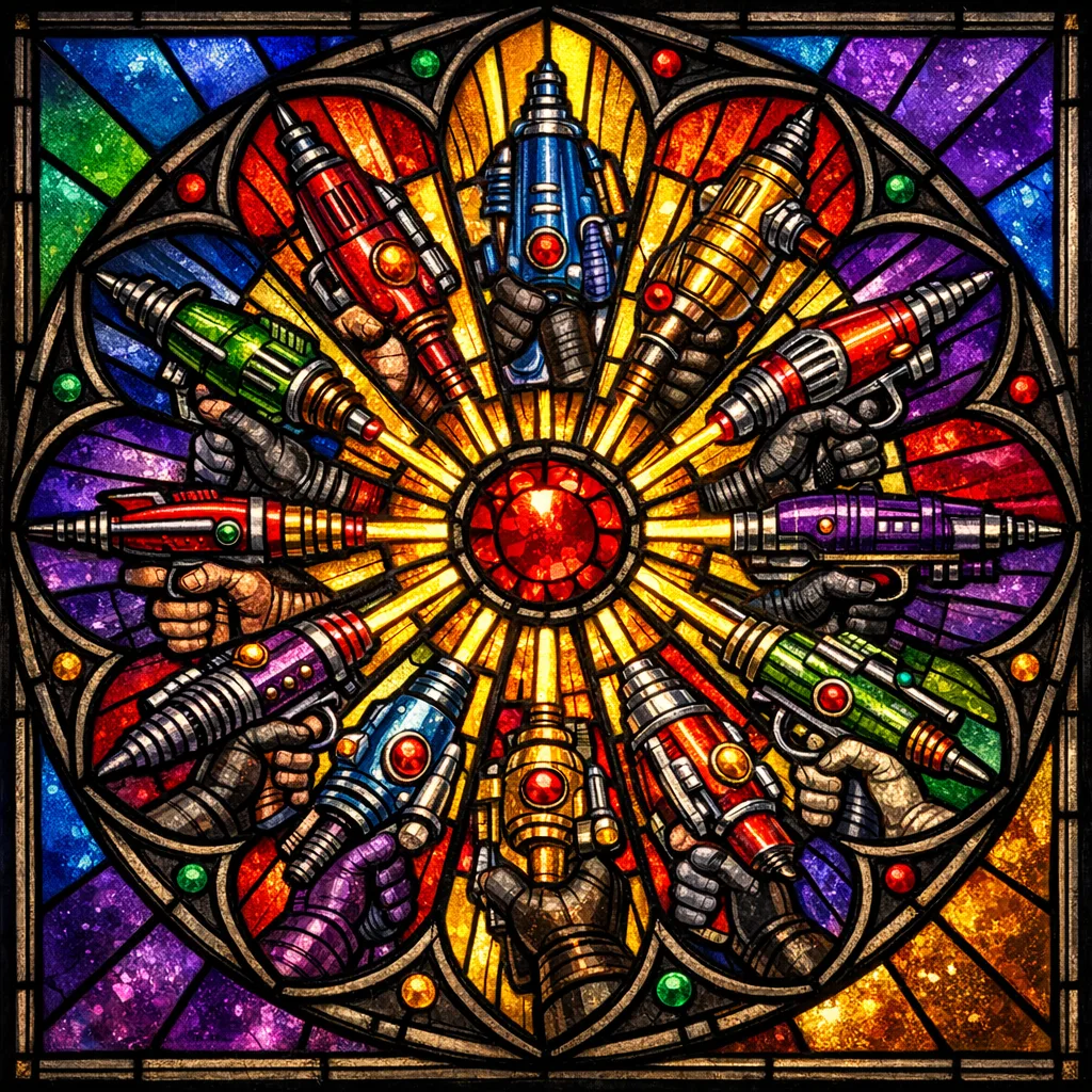 Ray Gun Rose — Cathedral stained glass × golden-age pulp comics