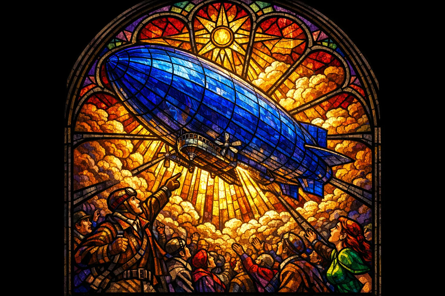 The Dirigible Visitation — Cathedral stained glass × golden-age pulp comics