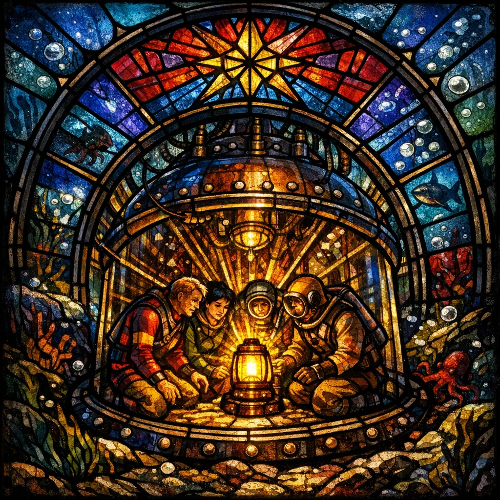 The Diving Bell Nativity — Cathedral stained glass × golden-age pulp comics