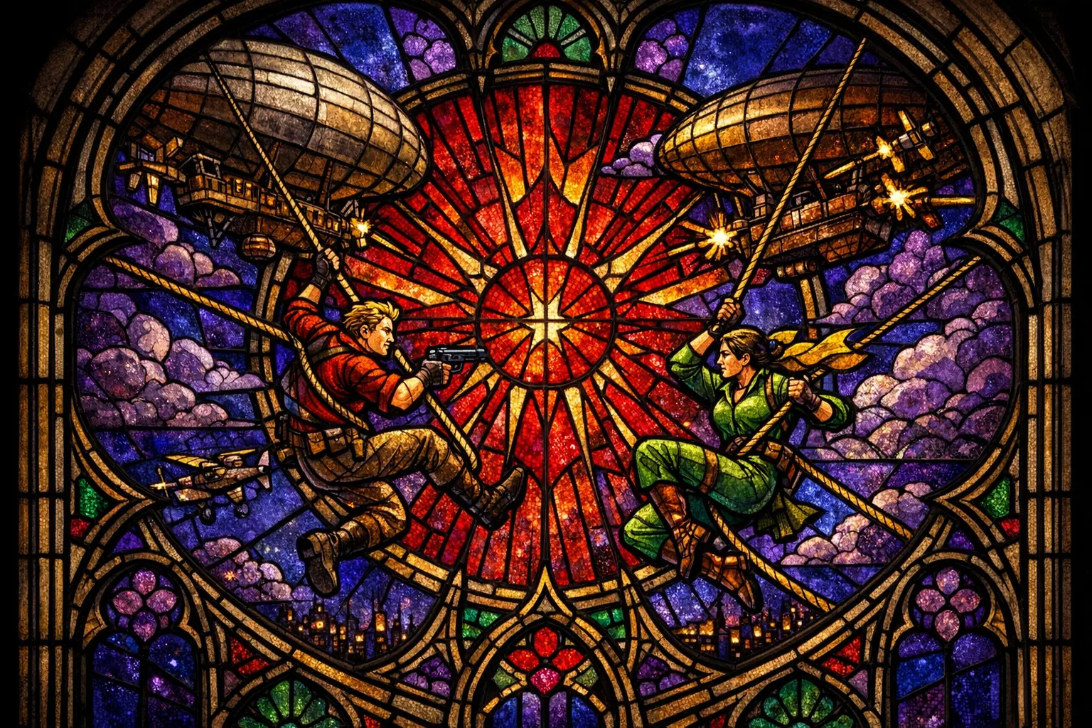 Zeppelin Boarding Party — Cathedral stained glass × golden-age pulp comics
