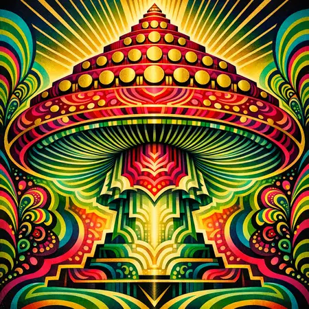 Amanita Ziggurat — 1930s Art Deco poster × blotter psychedelia