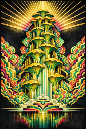 Chanterelle Cascade — 1930s Art Deco poster × blotter psychedelia