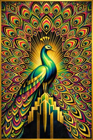 Deco Peacock — 1930s Art Deco poster × blotter psychedelia