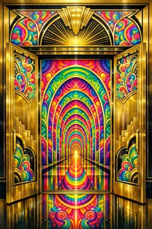 Elevator to Nowhere — 1930s Art Deco poster × blotter psychedelia