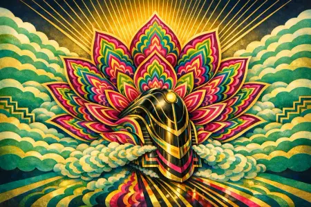 Locomotive Lotus — 1930s Art Deco poster × blotter psychedelia