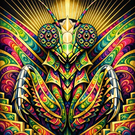 Mantis Streamline — 1930s Art Deco poster × blotter psychedelia