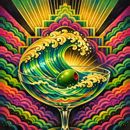 Martini Tsunami — 1930s Art Deco poster × blotter psychedelia