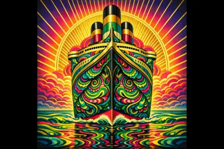 Ocean Liner Serpent — 1930s Art Deco poster × blotter psychedelia