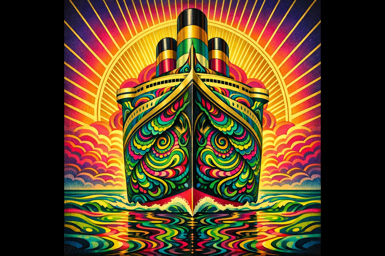 Ocean Liner Serpent — 1930s Art Deco poster × blotter psychedelia