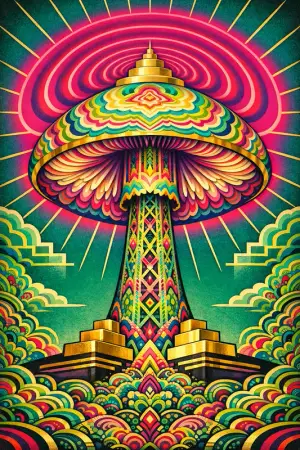 Radio Tower Mushroom — 1930s Art Deco poster × blotter psychedelia