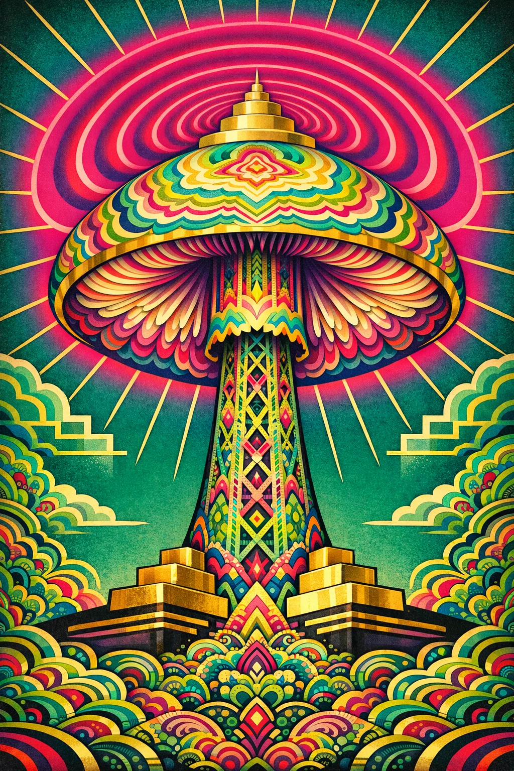 Radio Tower Mushroom — 1930s Art Deco poster × blotter psychedelia