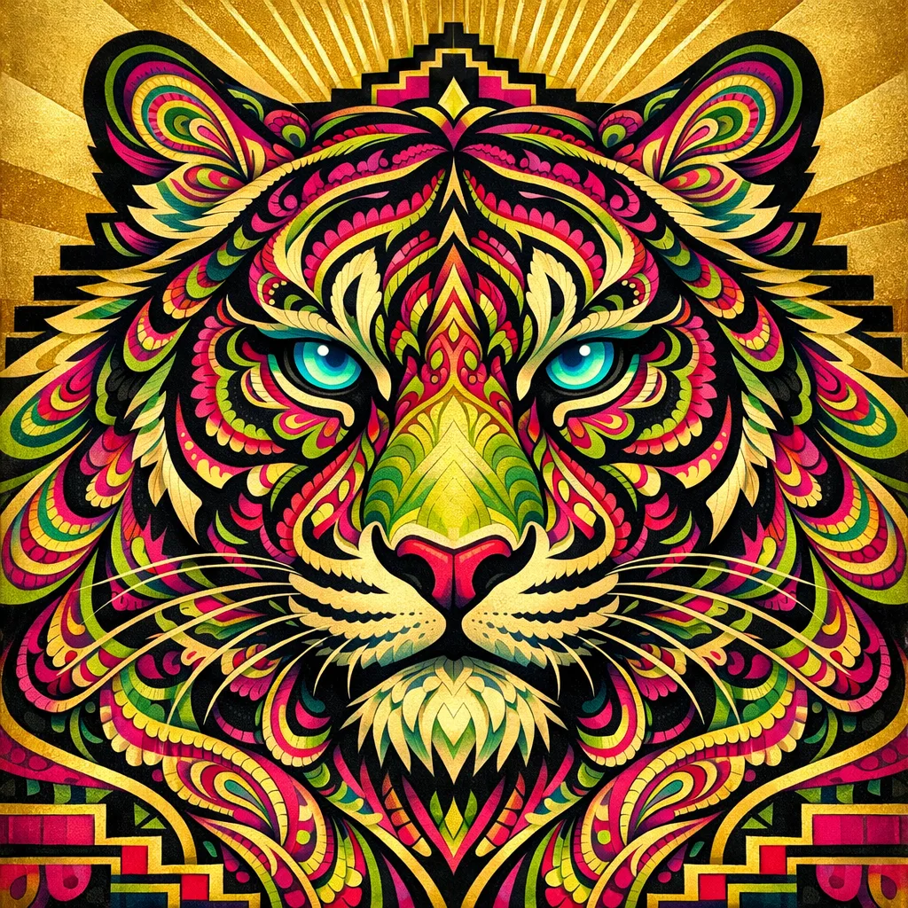 Tiger Lacquer Mandala — 1930s Art Deco poster × blotter psychedelia