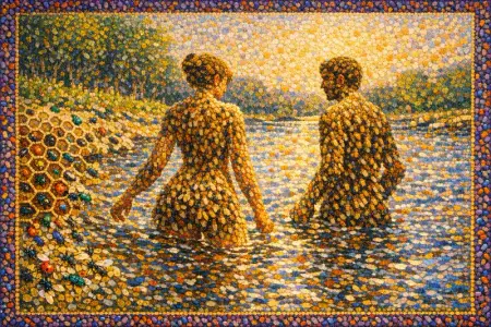 Bathers of the Hive — Seurat pointillism × entomological swarms
