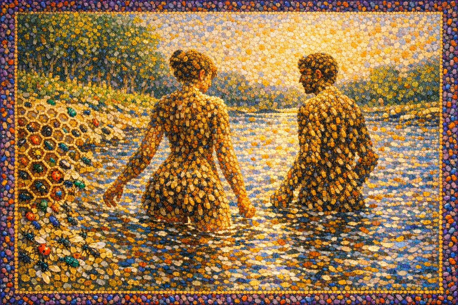 Bathers of the Hive — Seurat pointillism × entomological swarms
