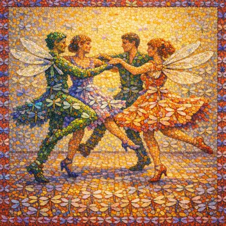 Dance of Dragonflies — Seurat pointillism × entomological swarms