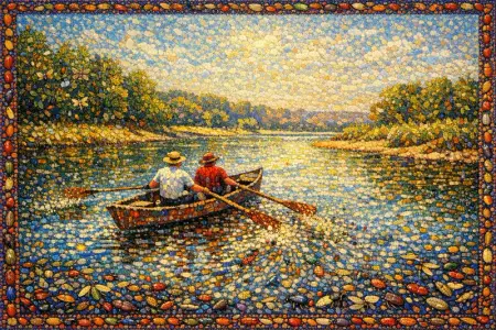 Seine of Beetles — Seurat pointillism × entomological swarms