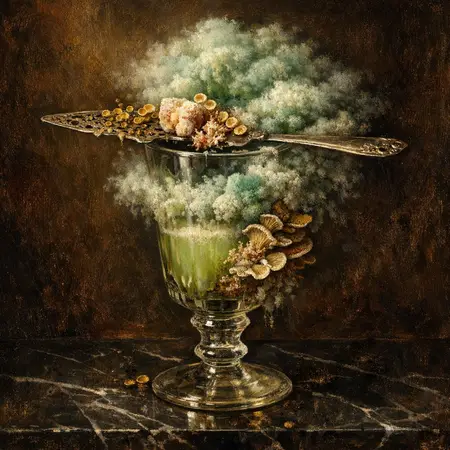 Absinthe Reliquary — Dutch Baroque still-life × mycology and decay