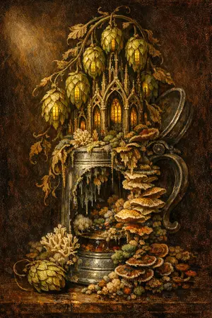 Hop Cathedral — Dutch Baroque still-life × mycology and decay