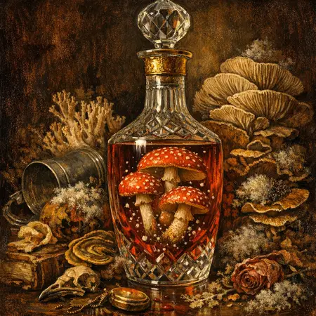 Liqueur of the Fly Agaric — Dutch Baroque still-life × mycology and decay