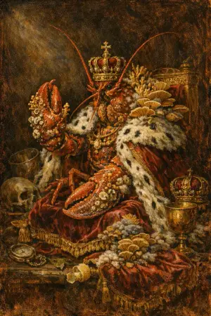 The Lobster Monarch — Dutch Baroque still-life × mycology and decay