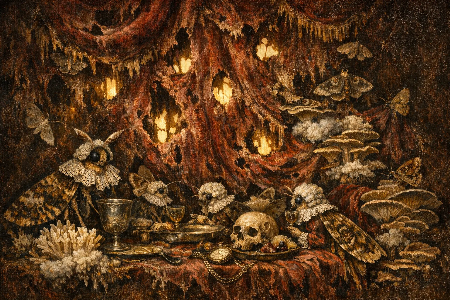 The Moth Feast — Dutch Baroque still-life × mycology and decay