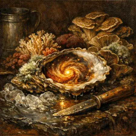Oyster Galaxy — Dutch Baroque still-life × mycology and decay